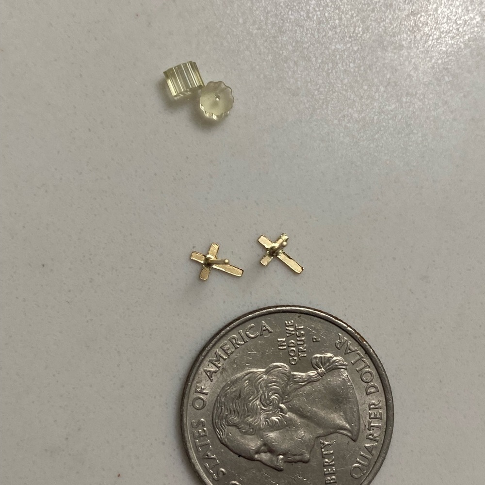 14 k Gold Cross Dainty Earrings - Picture 2 of 3